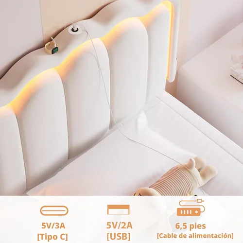 Vista 7 de Marco de cama LED tapizado individual con cajón de almacenamiento y cabecera doble ondulada ajustable, cama de plataforma de terciopelo