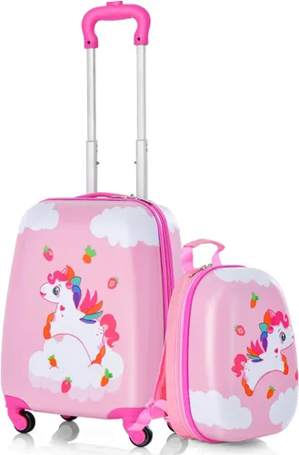 Vista 12 de GYMAX Juego de equipaje de mano para niños, maleta con ruedas de 12 y 16 pulgadas, 2 piezas Pony Corona
