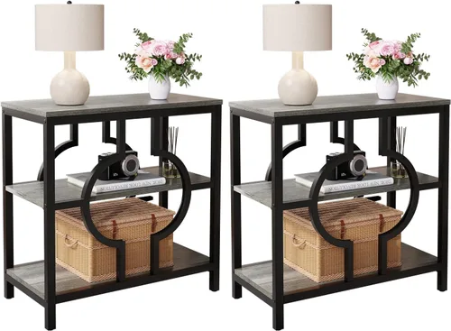 Vista 10 de Mesa auxiliar, mesa auxiliar estrecha con estantes de almacenamiento de 3 niveles, mesa auxiliar de sofá de madera con marco de metal geométrico