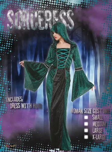 Vista 2 de EraSpooky Vestido de hechicera con capucha para mujer, disfraz de bruja medieval renacentista retro