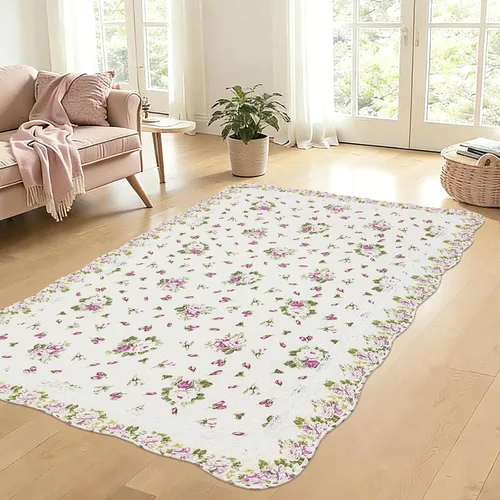 Vista 8 de USTIDE Alfombra rústica con diseño de rosas y flores, decoración del hogar, de algodón, con patrón de rosas rosadas, alfombra de baño lavable