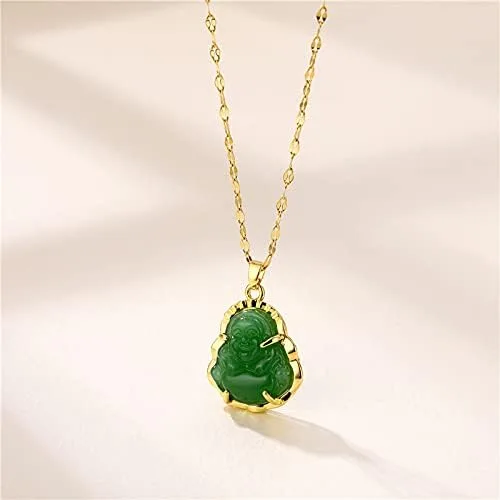 Vista 4 de Collar con colgante de buda risa de la buena suerte chapado en oro de 18 quilates con cadena de amuleto de calcedonia