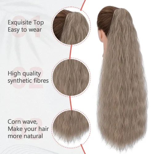 Vista 3 de S-noilite Extensión de cola de caballo larga con cordón, de 32 pulgadas, rizada, ondulada con clip, para mujer, cola de caballo rubia, ondulada