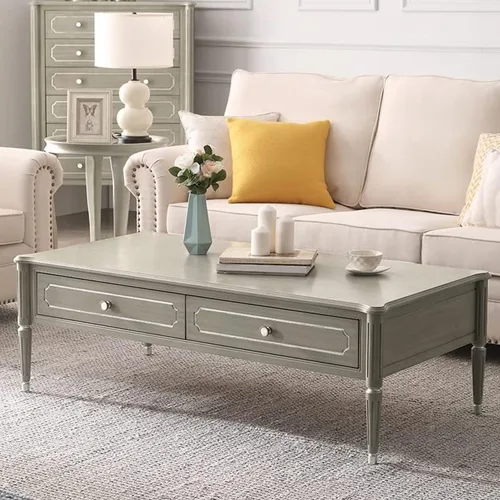 Vista 2 de Mesa de té para sala de estar, mesa de centro rectangular moderna con 2 cajones, mesa central creativa para sala de estar, mesa de café recortada