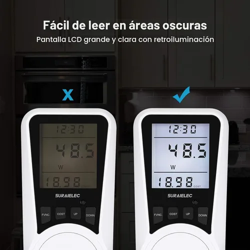 Vista 4 de SURAIELEC Medidor de Vatios, Medidor de Energía de Enchufe, Calculadora Automática de Costos, Pantalla Grande Retroiluminada, Protección Contra