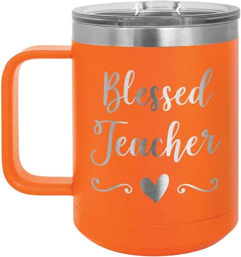 Vista 16 de BLESSED TEACHER Negro 15 oz Taza de café w/tapa deslizante Taza de café de viaje aislada Ideas de regalos de cumpleaños o Navidad de mujeres u