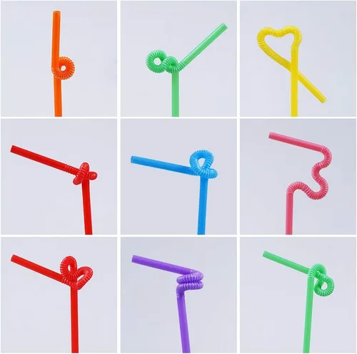 Vista 3 de 100 popotes flexibles largos de plástico coloridos. (0.23 pulgadas de diámetro y 10.2 pulgadas de largo)