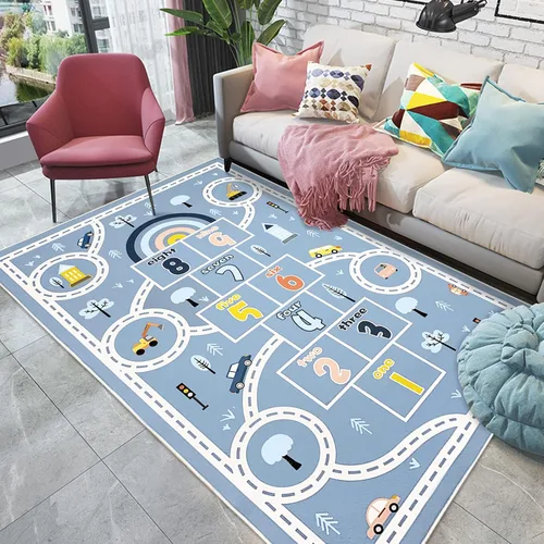 Vista 5 de Alfombra de juego para niños de 4 x 6 pies y alfombra de auto Hopscotch – Alfombra grande azul lavable para aula y preescolar para niños en edad