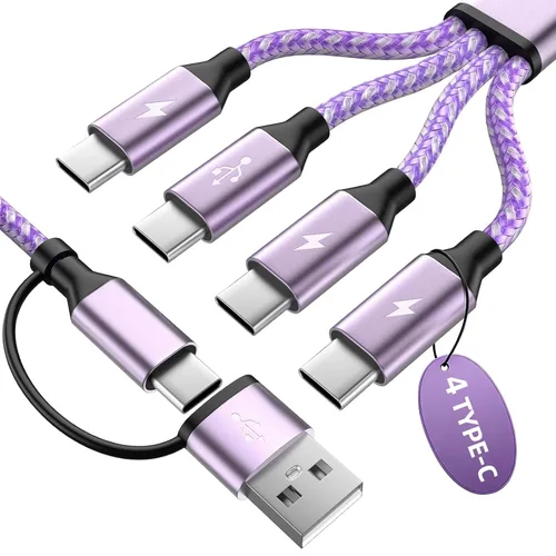 Vista 10 de Travel Vacation Essentials Cable de Carga Múltiple USB C, Paquete de 2 Cables de Carga 3 en 1 de Nailon de 4 Pies para Múltiples Dispositivos