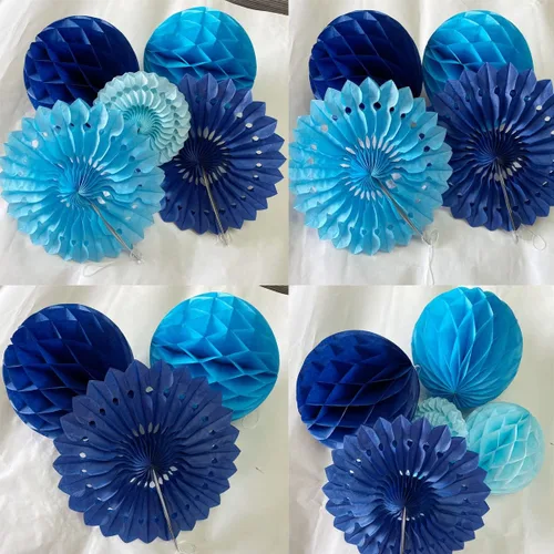 Vista 4 de 12 piezas de bolas de panal de 6 pulgadas y 8 pulgadas, abanicos de papel de seda, abanicos de bolas de panal para fiestas, decoraciones de pared