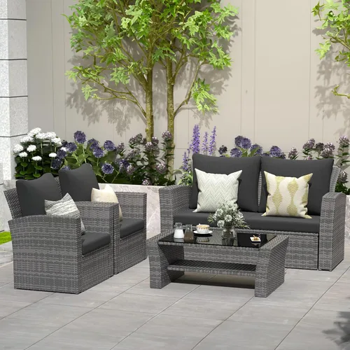 Vista 7 de Solaste Juego de muebles de patio al aire libre de 4 piezas, sofá seccional para exteriores con mesa de centro de vidrio templado y cojines, juego