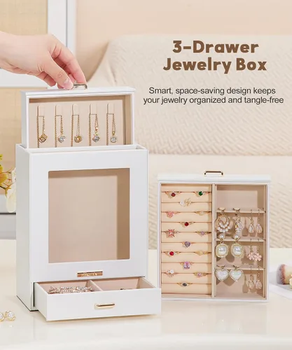 Vista 3 de Homde Organizador de joyas para niñas y mujeres, joyero para collares, anillos, aretes, regalo de Navidad, pulseras (blanco + dorado)