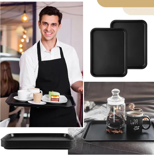 Vista 5 de Gerrii 6 bandejas de plástico de comida rápida a granel, bandeja para cafetería, bandeja para parrilla, bandeja de almuerzo escolar, bandeja Negro