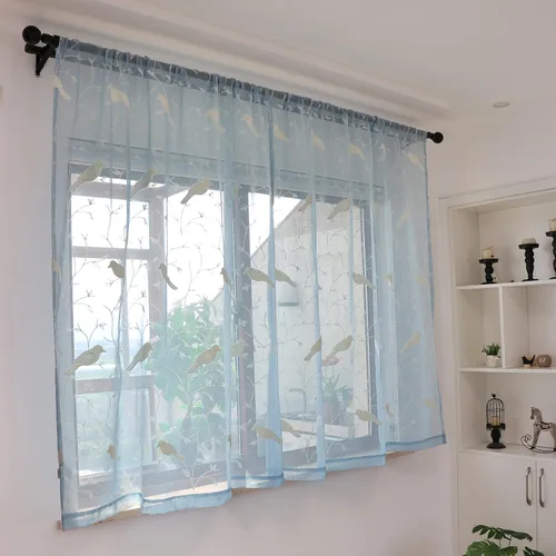 Vista 6 de SLOW SOUL Juego de 2 paneles de cortinas azules 3D elegantes bordadas con pájaros, cortinas de lujo traslúcidas para dormitorio, sala de estar