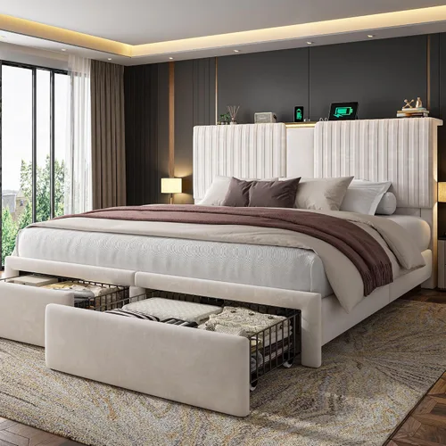 Vista 11 de Homkdom Base de cama Queen con cabecera de almacenamiento de terciopelo de Beige