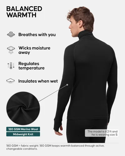 Vista 2 de DANISH ENDURANCE Men's Merino Halfzip Base Layer Shirt Media cremallera negra