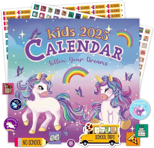 Vista 7 de Calendario infantil 2026 – Calendario de unicornio 2026 de 12 x 12 pulgadas para niños con más de 400 calcomanías divertidas, perfecto
