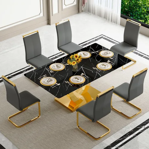 Vista 25 de Juego de mesa de comedor negra para 4, 63 x 35.4 x 30 pulgadas, mesa de comedor moderna rectangular con patas y base de acero inoxidable, sillas
