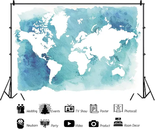 Vista 6 de Telón de fondo de mapa marino de 5 x 3 pies, fondo de pantalla de mapa del mundo, fondo para fotos, decoración de fiesta de cumpleaños de niño