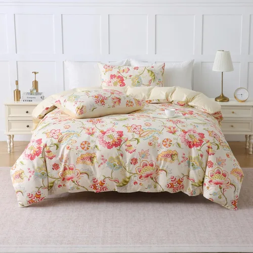 Vista 2 de ABREEZE Juego de funda de edredón tamaño individual con cierre de botón, 100% algodón egipcio, juego de ropa de cama floral de granja, color rosa, 3