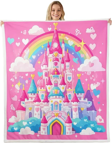 Vista 24 de Princess Flannel Blanket All Seasons,Rainbow Cloud Stars Butterfly Bed Blanket for Kawaii Home Decor,Dreamy Fairy Tale Castle Blanket for Kids Girls