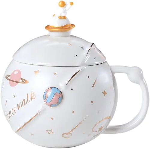 Vista 10 de Taza espacial de cerámica de 13 onzas con tapa y cuchara, taza de café Azul profundo