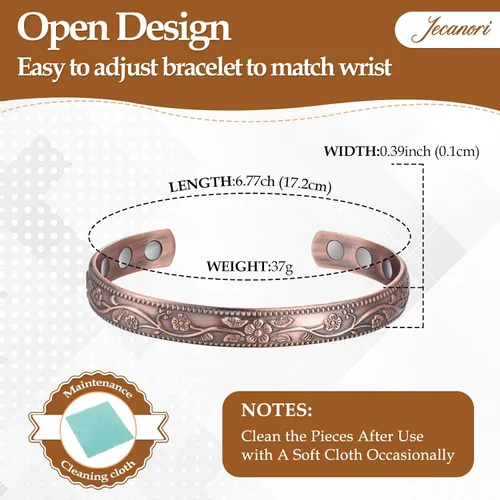 Vista 2 de Jecanori Pulsera de cobre puro y anillo de cobre para mujeres y hombres, pulsera de flores vintage, regalos del día de San Valentín, Metal, Sin