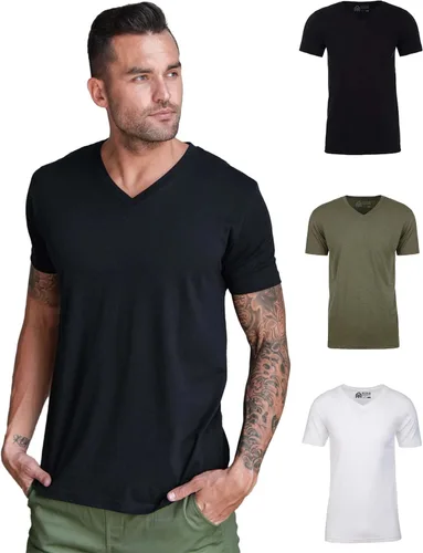 Vista 35 de Camiseta de manga corta con cuello en V para hombre, de algodón suave Sin marca - Blanco