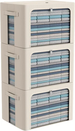 Vista 28 de Paquete de 3 cajas de almacenamiento con marco, bolsas de almacenamiento de ropa, tela Oxford, plegable, apilable, juego organizador con ventana