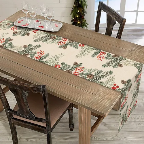 Vista 5 de Seliem Camino de Mesa de Rama de Aguja de Piña de Pino de Invierno con Bayas, Bufanda de Mesa Botánica de Acuarela, Decoración de Plantas para Hogar