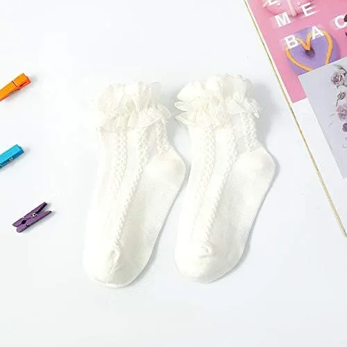 Vista 5 de 5 pares de calcetines de algodón con volantes de encaje para niñas y niños pequeños