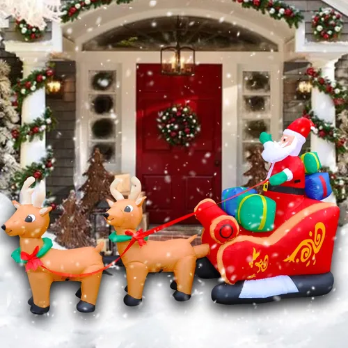 Vista 3 de SEASONBLOW Reno Inflable de Navidad con LED de 8 Pies que Tira del Trineo Llevando a Papá Noel Decoración Navideña para Patio Césped Jardín Hogar