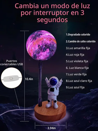 Vista 5 de Lámpara de luna para niños, luces Space Buddy con 7 colores, luz nocturna de astronauta Galaxia