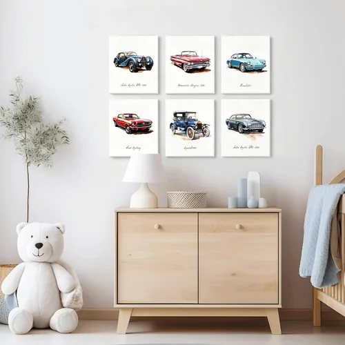 Vista 4 de 6 impresiones artísticas clásicas de acuarela para pared, carteles de súper auto para habitación de niños, decoración de habitación de autos