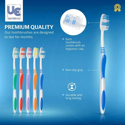 Vista 5 de Urban Essentials Paquete de cepillos de dientes a granel con fundas Cepillos de dientes coloridos envueltos individualmente de alta calidad Tapa