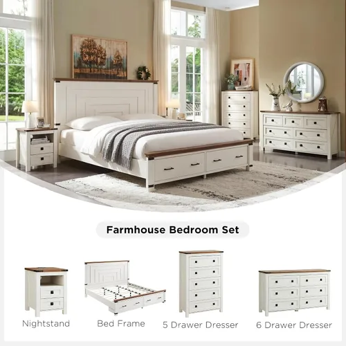 Vista 6 de T4TREAM Cómoda rústica de 48 pulgadas de alto con 5 cajones para dormitorio Blanco antiguo