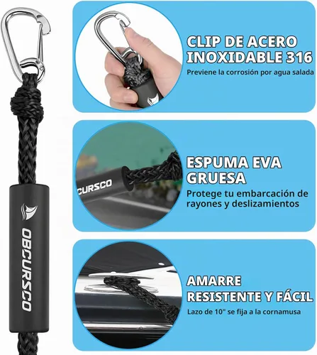 Vista 9 de Obcursco Líneas de muelle elásticas para barco, cuerda de amarre con clips de acero inoxidable 316, accesorios para moto acuática, PWC, SeaDoo Negro
