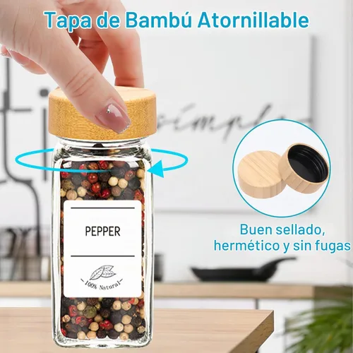 Vista 4 de Tarros de especias de vidrio de 4 onzas con tapas de bambú, paquete de 16 botellas de especias 120ml Seasoning Containers Empty Spice Jars with