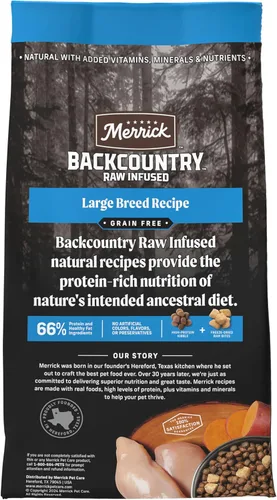 Vista 3 de Merrick Backcountry - Alimento seco para perros adultos sin granos, croquetas con trozos crudos liofilizados, receta de raza grande, bolsa de 20.0