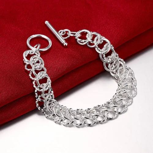 Vista 4 de NA BEAUTY Pulsera con cadena articulada trenzada de 2 capas, de plata, con corte de diamante y lazos polacos, con botón de cierre de 8