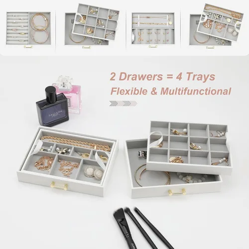 Vista 2 de V-LAFUYLIFE Jewelry Organizer,Leather Jewelry Boxes for Women Girls,Stackers Jewelry Box,Jewelry Case Removable Tray for Earrings Ring Bracelet
