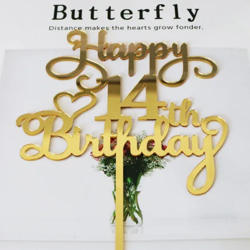 Vista 7 de Decoración de pastel de cumpleaños número 14, decoración acrílica dorada de doble cara, para decoración de pastel de feliz cumpleaños 14, decoración