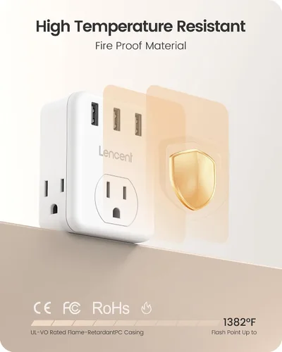 Vista 5 de LENCENT Adaptador de 3 clavijas a 2 clavijas, paquete de 2, extensor de 3 tomas de corriente con 3 puertos USB, cargador de pared, divisor extensor