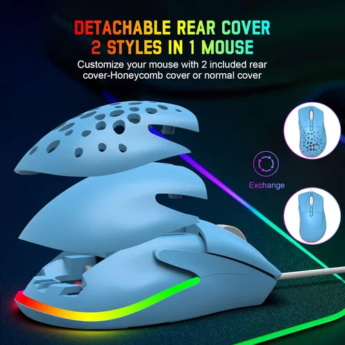 Vista 2 de ZIYOU LANG Modelo D19 RGB Gaming Mouse USB con cable con retroiluminación multi Chroma ajustable 12000Dpi cubierta trasera desmontable ajuste