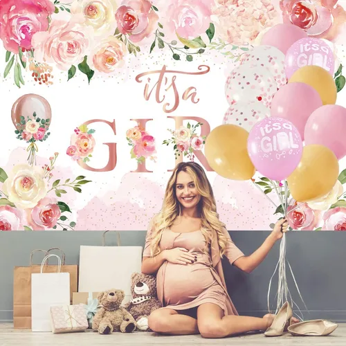 Vista 4 de Decoraciones de baby shower para niña, globos de baby shower con temática floral, letrero de fondo para fiesta de revelación de género