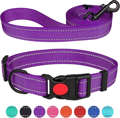 Vista 15 de Juego de collar y correa reflectante para perro con hebilla de bloqueo de seguridad, collares de nailon para mascotas ajustables para perros Negro
