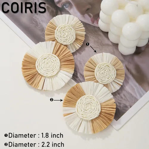 Vista 5 de Pendientes redondos llamativos de rafia con palmera bohemia para mujer