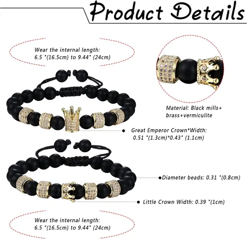 Vista 5 de Crown King and Queen - Pulseras de cuentas ajustables para parejas, piedra negra onxy hecha a mano, pulsera de eslabones para hombres y mujeres, San