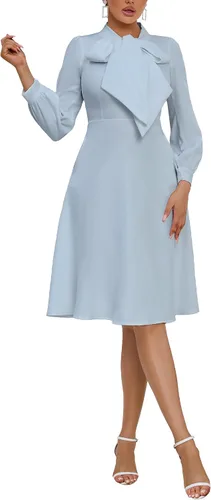 Vista 4 de Bowknot manga abullonada vestido de mujer una línea de cintura alta vestido midi vestido liso Azul/claro
