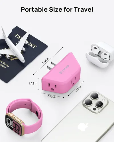 Vista 4 de TROND Extensor de salida con USB C, divisor de 3 salidas de CA con rotación de 360 + extensor de salida rosa con enchufes a tierra de 3 clavijas